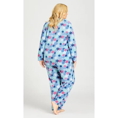 Women's Plus Size Snowflake Button Fleece Sleep Top - Blue | AVENUE - Image 3