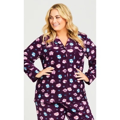 Women's Plus Size Button Owl Sleep Top - Plum | AVENUE - Image 3