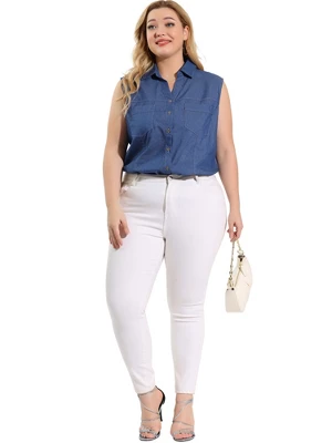 Agnes Orinda Plus Size Summer Tops For Women Sleeveless Button Down Work Shirts Chambray Blouses 2023 - Image 2