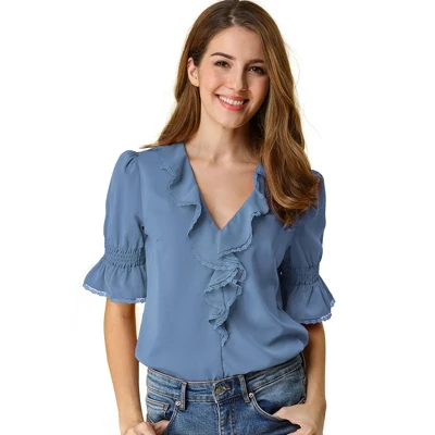 Allegra K Women's Ruffle V Neck Puff Sleeve Summer Casual Chiffon Peasant Blouse - Image 7