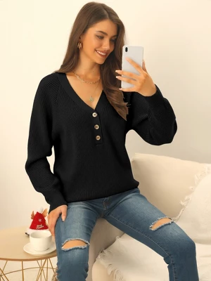 Seta T Women's Long Sleeve V Neck Button Solid Color Ribbed Knit Casual Pullover Sweaters - Image 2