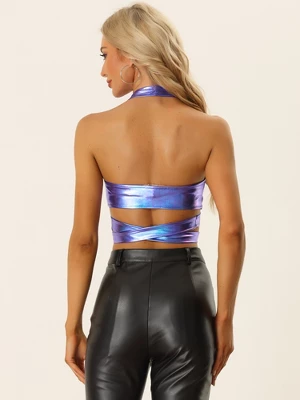 Allegra K Metallic Halter Neck Top For Women's Deep V Neck Backless Holographic Crop Tops - Image 2