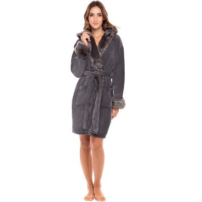 Women's Faux Fur Feather Hooded Robe, Soft Plush Fleece Knee Length Bathrobe With Hood - Image 7