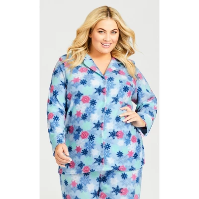 Women's Plus Size Snowflake Button Fleece Sleep Top - Blue | AVENUE - Image 6