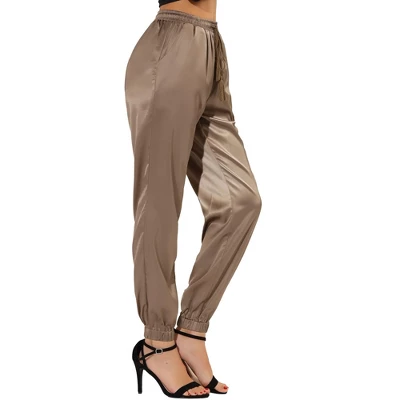 Allegra K Women's Drawstring Elastic Waist Athleisure Pants Ankle Length Satin Joggers With Pocket - Image 9