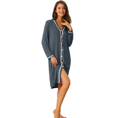 Cheibear Womens Button Down V Neck Long Sleeve Pajama Nightshirt Dress - Image 9