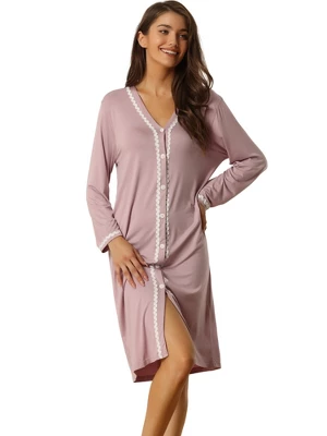 Cheibear Womens Button Down V Neck Long Sleeve Pajama Nightshirt Dress - Image 6