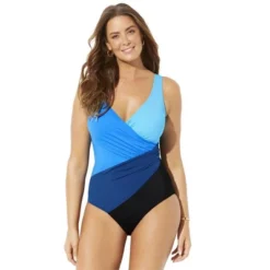 Swimsuits For All Women’s Plus Size Colorblock Surplice One Piece Swimsuit