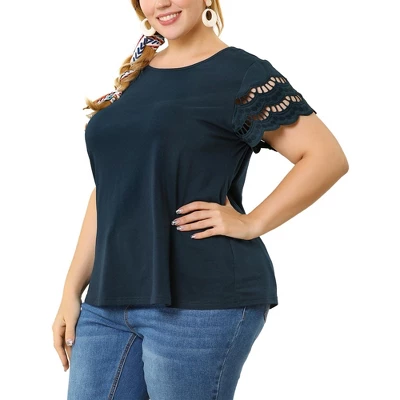 Agnes Orinda Women's Plus Size Lace Panel Elegant Work Short Sleeve Top - Image 6