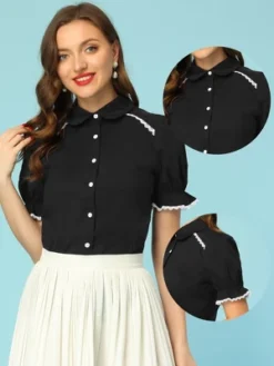 Allegra K Women's Vintage Short Sleeve Peter Pan Collar Button Down Shirt