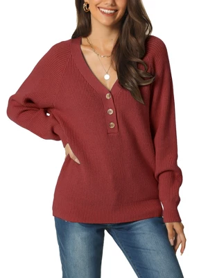 Seta T Women's Long Sleeve V Neck Button Solid Color Ribbed Knit Casual Pullover Sweaters - Image 8