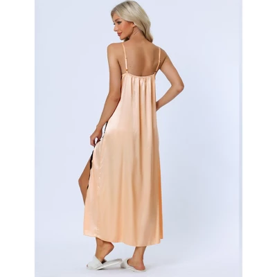 Cheibear Womens Satin Nightgown Lace Cami Dress Maxi Long Gown Pajama Nightwear - Image 2