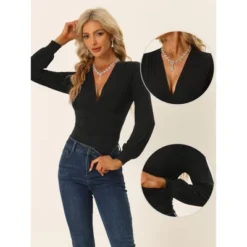Allegra K Women's Deep V Neck Long Sleeve Ruched Stretchy Bodysuit