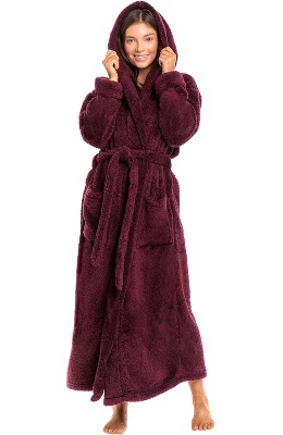 Women's Fuzzy Plush Fleece Bathrobe With Hood, Soft Warm Hooded Lounge Robe - Image 6