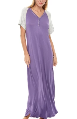 Women's Soft Knit Nightgown, Full Length Henley Sleep Shirt Pajama Top W/ Pockets - Image 8