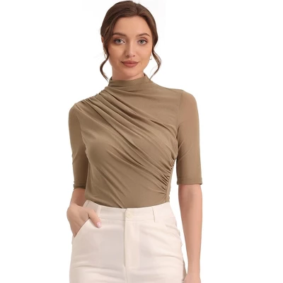 Allegra K Women's Mock Neck Stretch Slim Fit Short Sleeve Sheer Mesh Ruched Blouses - Image 5