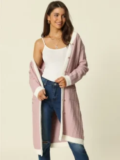 Seta T Women's Long Sleeve Button Down Open Front Contrast Color Cardigan With Pockets