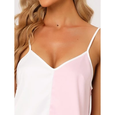 Cheibear Womens Satin Lounge Color Block Cami Tops With Pants Sleepwear Pajamas Sets - Image 3