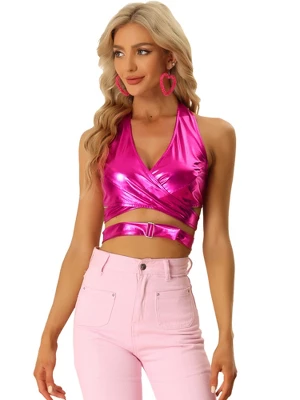 Allegra K Metallic Halter Neck Top For Women's Deep V Neck Backless Holographic Crop Tops - Image 6