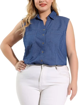 Agnes Orinda Plus Size Summer Tops For Women Sleeveless Button Down Work Shirts Chambray Blouses 2023 - Image 3