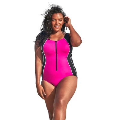 Swim 365 Women’s Plus Size Zip-Front One-Piece With Tummy Control - Image 4