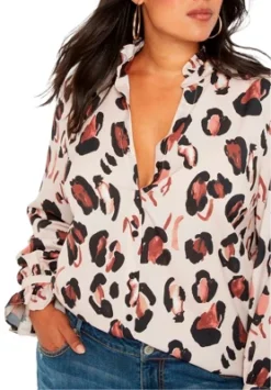 ELOQUII Women’s Plus Size Printed Button Down Shirt With Ruffle Neck