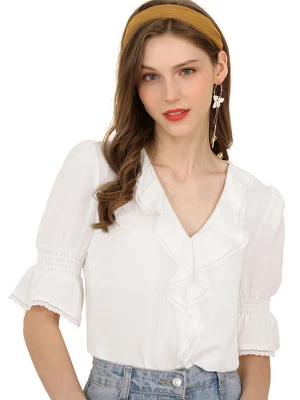 Allegra K Women's Ruffle V Neck Puff Sleeve Summer Casual Chiffon Peasant Blouse - Image 6