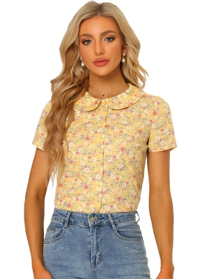 Allegra K Women's Summer Peter Pan Collar Shirts Button Front Vintage Floral Print Blouse - Image 7