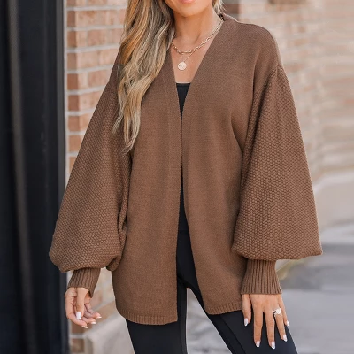 Women's Espresso Open-Knit Gigot Sleeve Cardigan - Cupshe