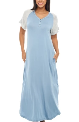 Women's Soft Knit Nightgown, Full Length Henley Sleep Shirt Pajama Top W/ Pockets - Image 13
