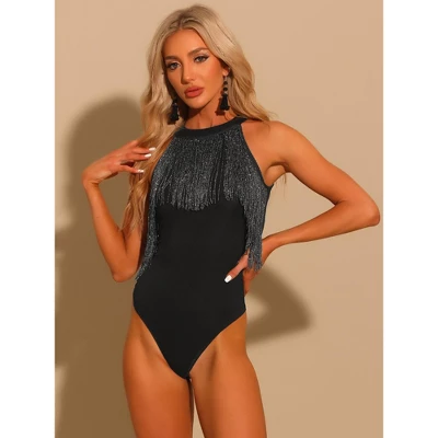Allegra K Women's Party Neck Fringe Trim Sleeveless Halter Bodysuit - Image 3