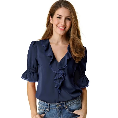 Allegra K Women's Ruffle V Neck Puff Sleeve Summer Casual Chiffon Peasant Blouse - Image 9