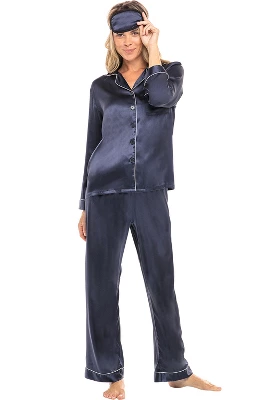 Women's Classic Satin Pajamas Lounge Set, Long Sleeve Top And Pants With Pockets, Silk Like PJs With Matching Sleep Mask - Image 10