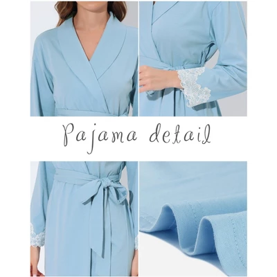Cheibear Womens Robe Knit Lace Trim Lounge Sleepwear Long Sleeve Bathrobe - Image 3