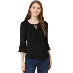 Allegra K Women's Bow Tie Neck Blouse Sheer 3/4 Sleeve Chiffon Tops