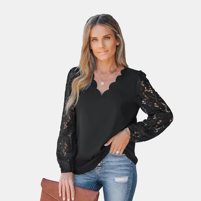 Women's Floral Lace Scalloped V Neck Top - Cupshe - Image 7