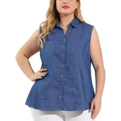 Agnes Orinda Plus Size Summer Tops For Women Sleeveless Button Down Work Shirts Chambray Blouses 2023 - Image 6