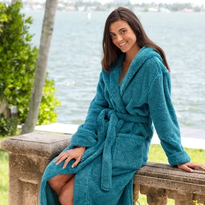 Women's Fuzzy Plush Fleece Bathrobe With Hood, Soft Warm Hooded Lounge Robe - Image 3