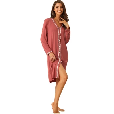 Cheibear Womens Button Down V Neck Long Sleeve Pajama Nightshirt Dress - Image 8