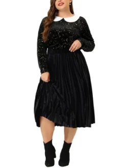 Agnes Orinda Women's Plus Size Long Sleeve Peter Pan Collar Stars Vintage Velvet Blouse