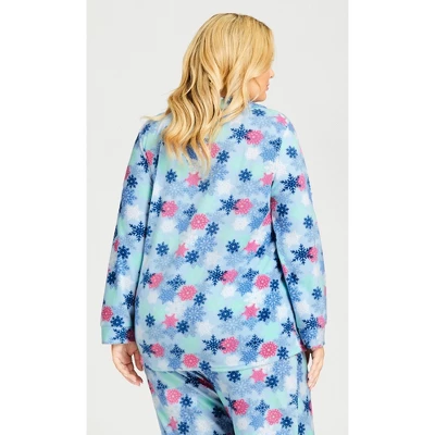 Women's Plus Size Snowflake Button Fleece Sleep Top - Blue | AVENUE - Image 2