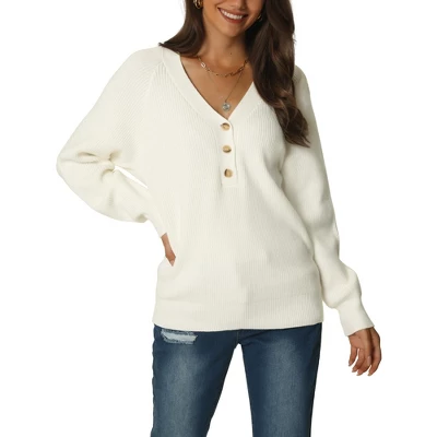 Seta T Women's Long Sleeve V Neck Button Solid Color Ribbed Knit Casual Pullover Sweaters - Image 6