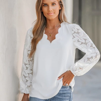 Women's Floral Lace Scalloped V Neck Top - Cupshe - Image 4