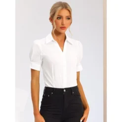 Allegra K Women's Office Button Down One-Piece Short Sleeve Bodysuit Work Shirt