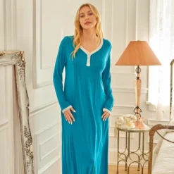 Women's Soft Knit Nightgown Long Sleep Shirt Full Length Henley Pajama Top With Pockets
