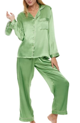 Women's Classic Satin Pajamas Lounge Set, Long Sleeve Top And Pants With Pockets, Silk Like PJs With Matching Sleep Mask - Image 16