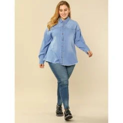 Agnes Orinda Women's Plus Size Button Down Long Sleeve Denim Shirts