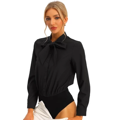 Allegra K Women's Bow Tie Neck Button Down Long Sleeve Bodysuit Shirt - Image 6