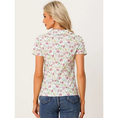 Allegra K Women's Summer Peter Pan Collar Shirts Button Front Vintage Floral Print Blouse - Image 3
