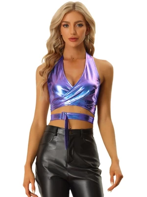 Allegra K Metallic Halter Neck Top For Women's Deep V Neck Backless Holographic Crop Tops - Image 5